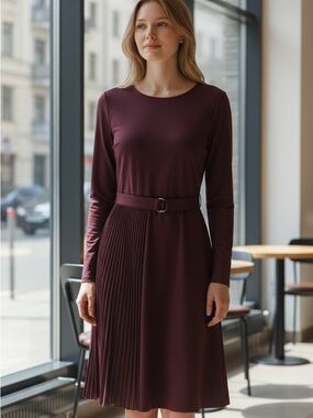 MaxMara Long-Sleeve Belted Pleated Hem Dress in Deep Burgundy